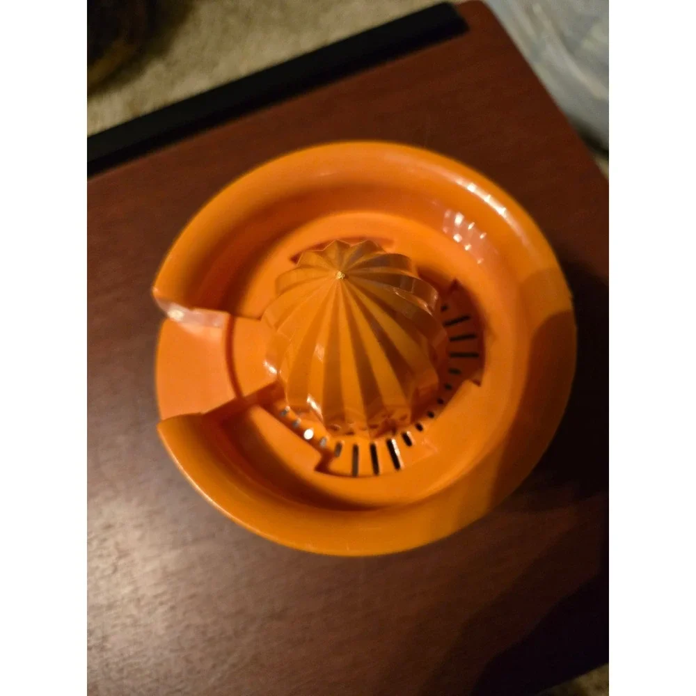 Vintage Orange Plastic Manual Citrus Juicer with Clear Glass Jar Collection Base